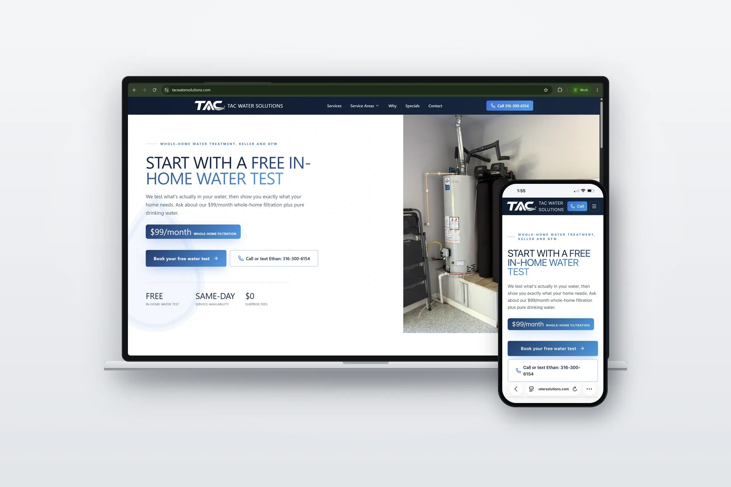 TAC Water Solutions rebuilt website, leading with a clear in-home water test offer and repeating calls to action, on desktop and mobile
